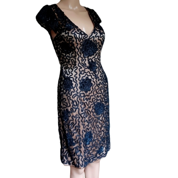 Sue Wong Beaded Black Dress Crochet Flowers 4 - Picture 6 of 12